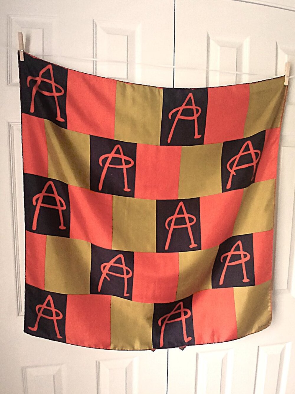 ALDANA Signature Bold Scarf Foulard ITALIAN Large "A" Pattern Gold Orange Black
